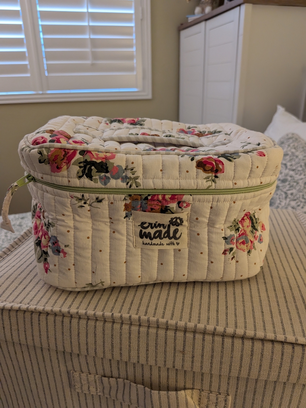 Erin Made Quilted Floral Cosmetic Case in Cream with Pink Roses